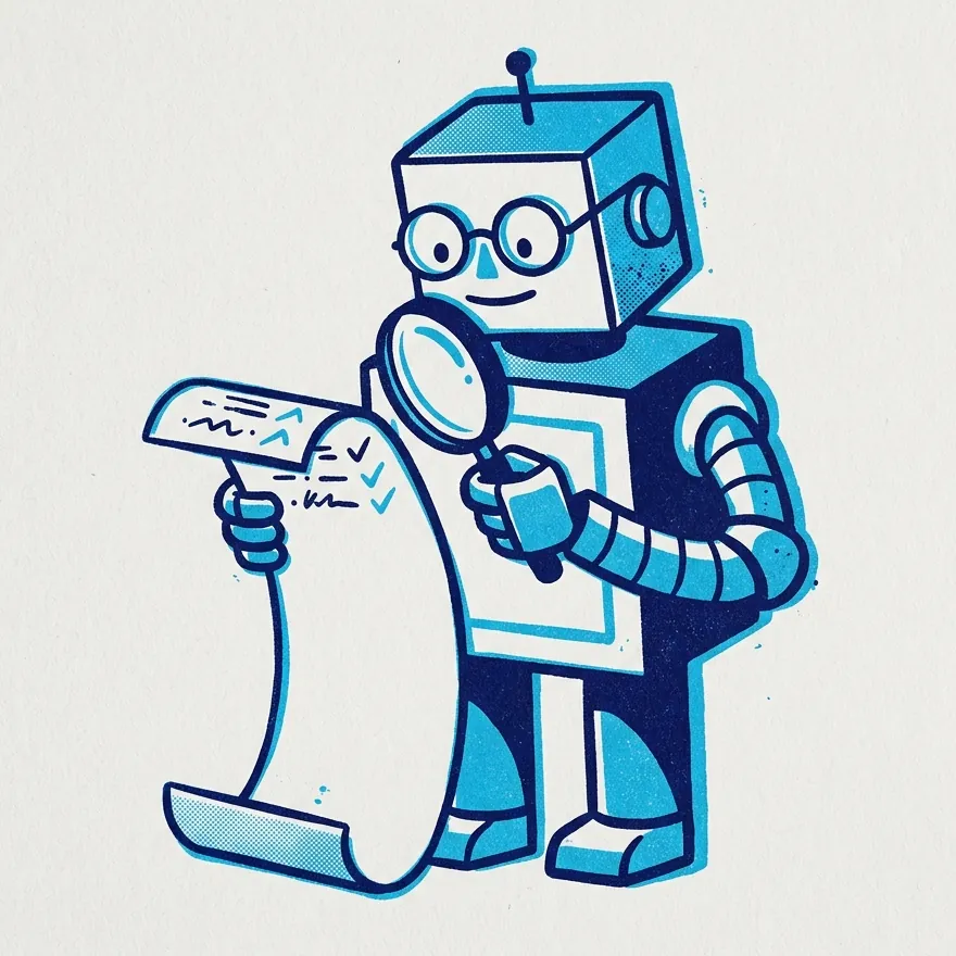 Print of a boxy robot in reading glasses checking a long document with a magnifying glass, ticking each line.