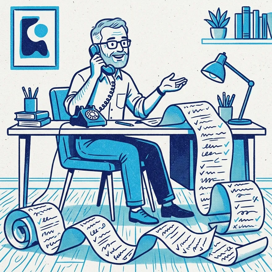 Print of a man at a tidy desk answering a rotary telephone while a very long to-do list unrolls onto the floor.