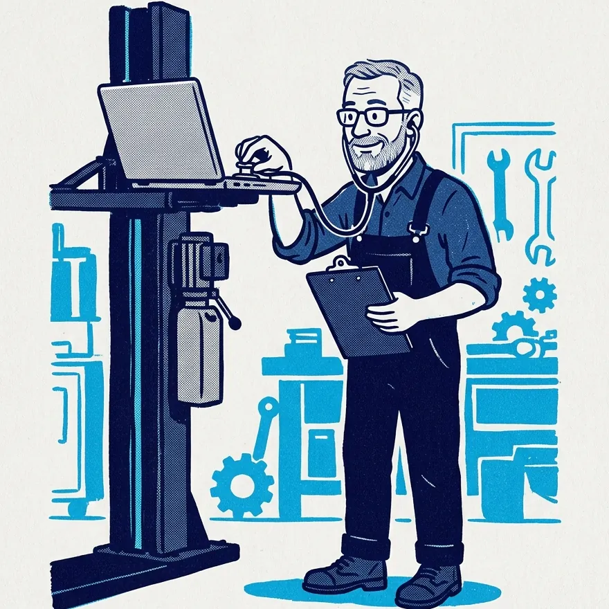 Print of a mechanic in overalls holding a stethoscope to a laptop on a hoist, clipboard in hand.